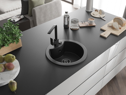 Mexen Diego granite sink 1-bowl with Rita kitchen tap, black/silver metallic - 6512-73-670300-70-B