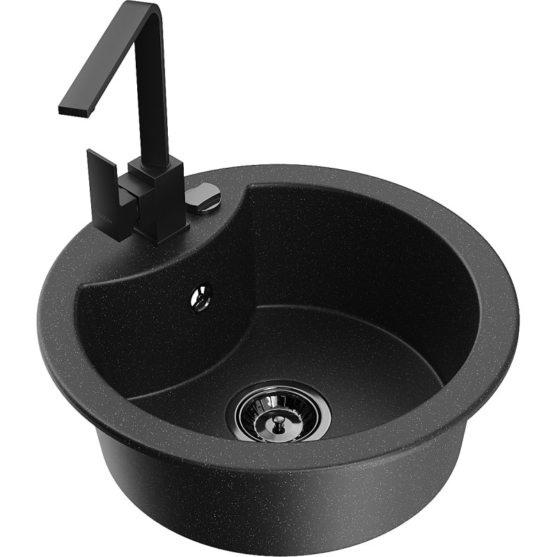 Mexen Diego granite kitchen sink 1-bowl with Rita kitchen faucet, black/silver metallic - 6512-73-670300-70-B