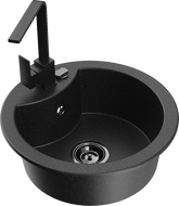 Mexen Diego granite sink 1-bowl with Rita kitchen tap, black/silver metallic - 6512-73-670300-70-B