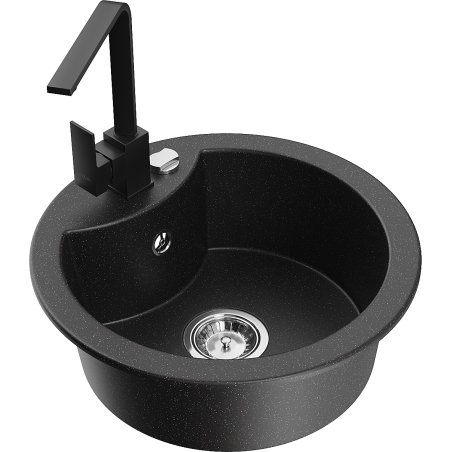 Mexen Diego 1-bowl granite sink with Rita kitchen faucet, black/silver metallic - 6512-73-670300-70