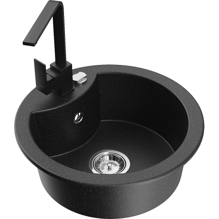 Mexen Diego granite sink 1-bowl with Rita kitchen tap, black/silver metallic - 6512-73-670300-70