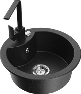 Mexen Diego 1-bowl granite sink with Rita kitchen faucet, black/silver metallic - 6512-73-670300-70