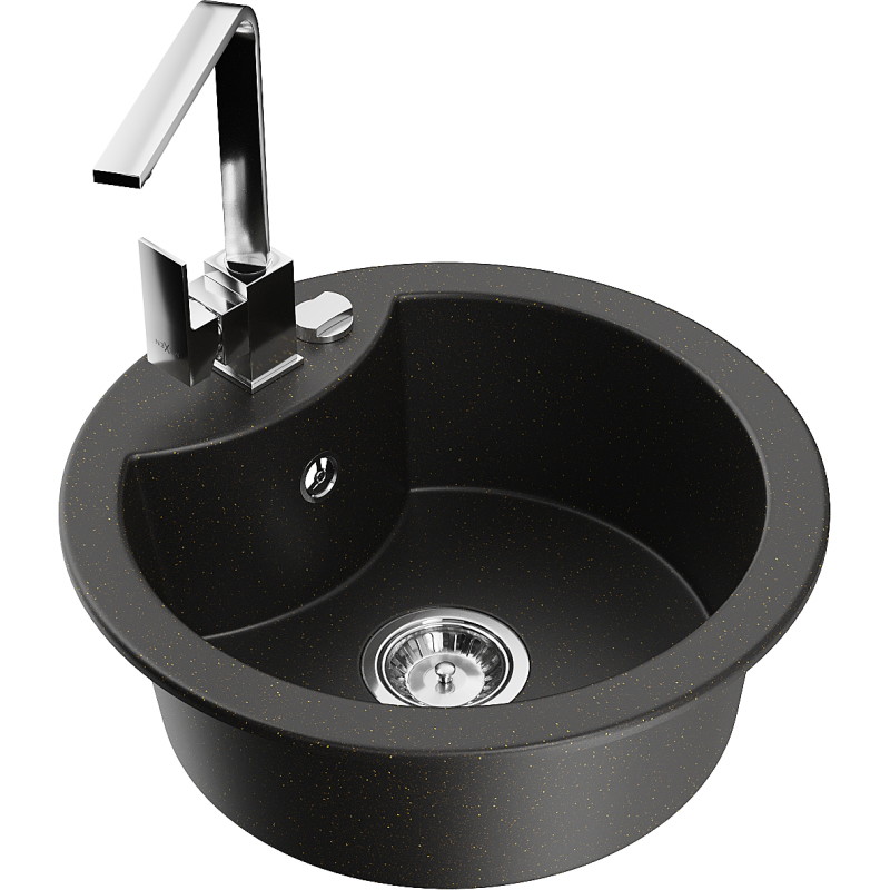 Mexen Diego 1-bowl granite sink with Rita kitchen faucet, black/gold metallic - 6512-75-670300-00