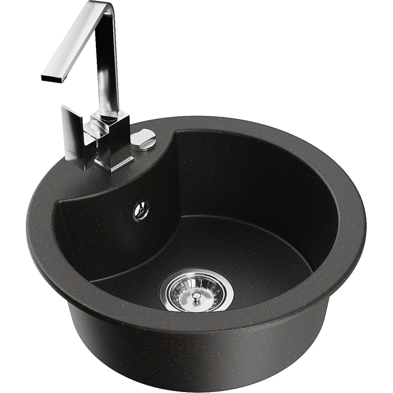 Mexen Diego 1-compartment granite sink with a kitchen mixer tap Rita, Black/Gold metallic - 6512-75-670300-00