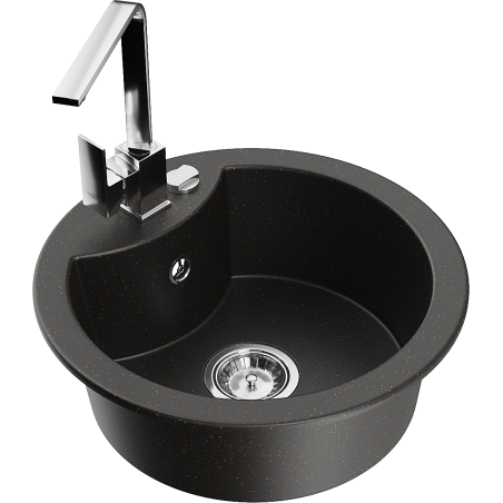 Mexen Diego 1-bowl granite sink with Rita kitchen faucet, black/gold metallic - 6512-75-670300-00