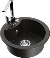 Mexen Diego 1-bowl granite sink with Rita kitchen tap, black/golden metallic - 6512-75-670300-00