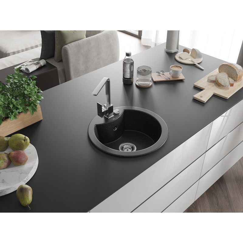 Mexen Diego granite kitchen sink 1-bowl with Rita kitchen faucet, black/gold metallic - 6512-75-670300-00