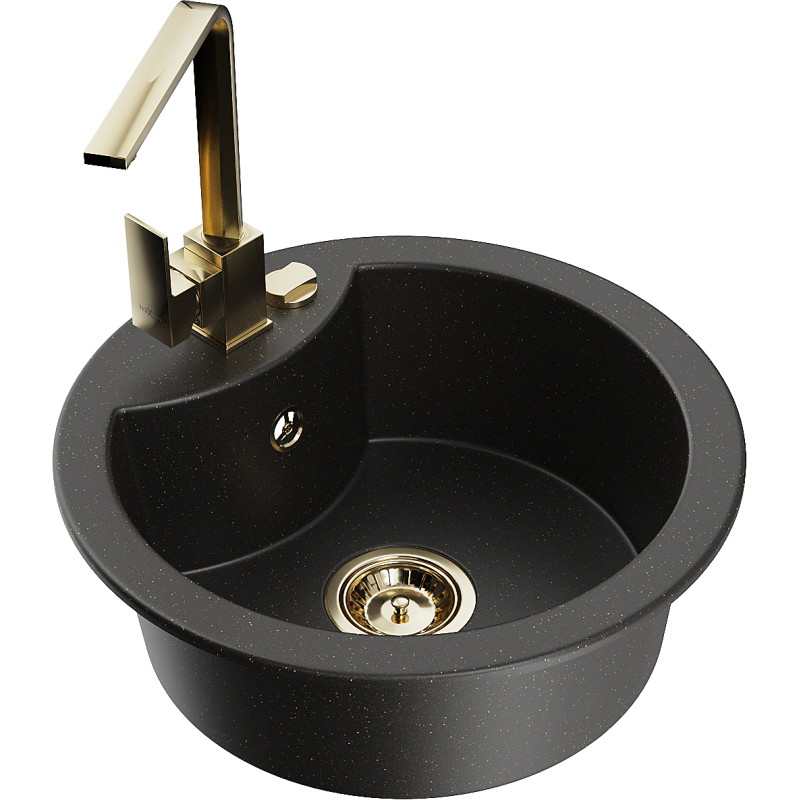 Mexen Diego granit sink 1-bowl with kitchen faucet Rita, black/gold metallic - 6512-75-670300-50