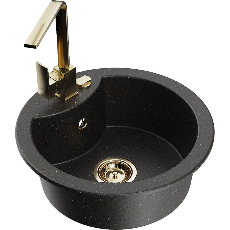 Mexen Diego single-bowl granite sink with Rita kitchen tap, black/gold metallic - 6512-75-670300-50
