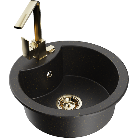 Mexen Diego granite kitchen sink 1-bowl with kitchen tap Rita, black/golden metallic - 6512-75-670300-50
