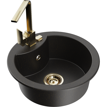 Mexen Diego single-bowl granite sink with Rita kitchen tap, black/gold metallic - 6512-75-670300-50