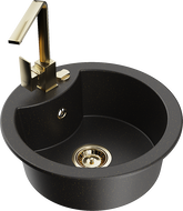 Mexen Diego granite kitchen sink 1-bowl with kitchen tap Rita, black/golden metallic - 6512-75-670300-50
