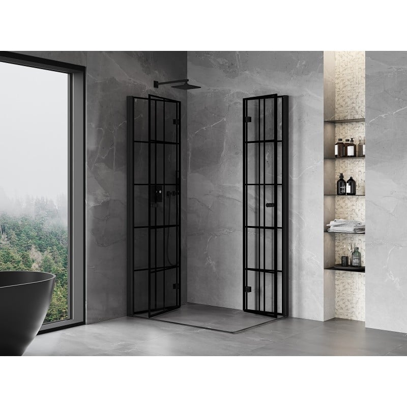 Mexen Mist-F Duo Folding Shower Enclosure Left 90 x 80 cm, Black Grid, Black - 8A6-090L-080P-70-77
