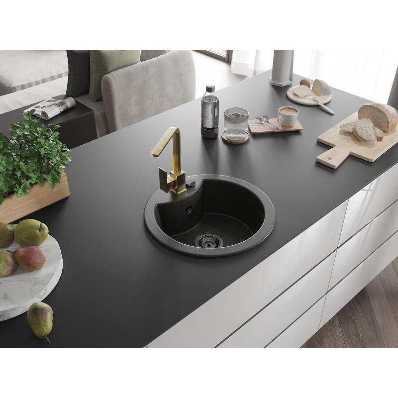 Mexen Diego granite kitchen sink 1-bowl with Rita kitchen faucet, black/gold metallic - 6512-75-670300-50-B