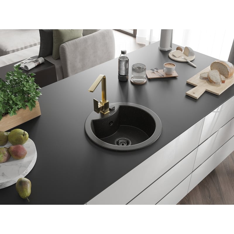 Mexen Diego granite single-bowl kitchen sink with Rita kitchen faucet, black/gold metallic - 6512-75-670300-50-B