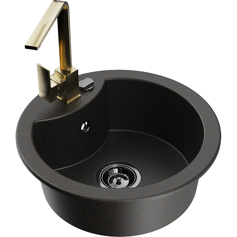 Mexen Diego 1-compartment granite sink with a kitchen mixer tap Rita, Black/Gold metallic - 6512-75-670300-50-B