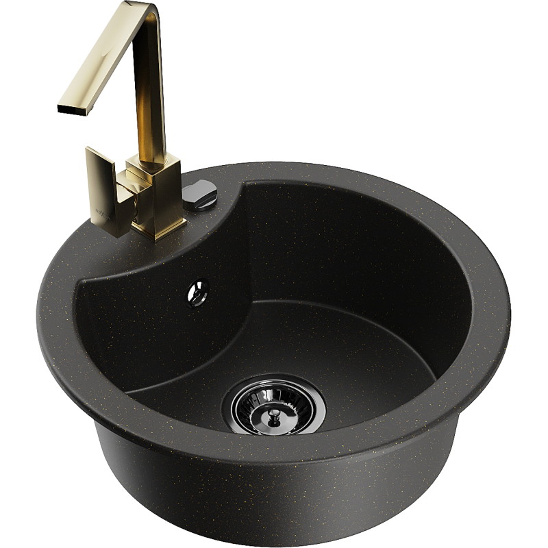 Mexen Diego granite single-bowl kitchen sink with Rita kitchen faucet, black/gold metallic - 6512-75-670300-50-B