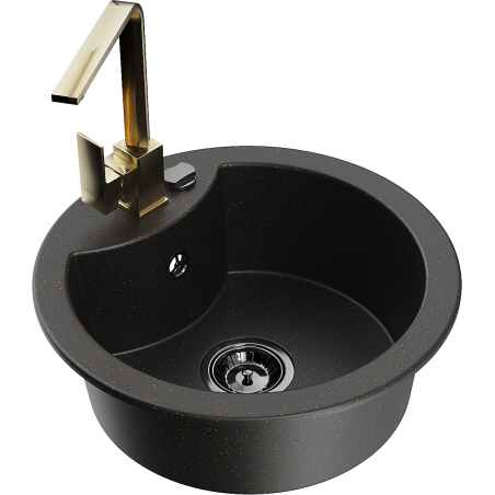 Mexen Diego granite kitchen sink 1-bowl with Rita kitchen faucet, black/gold metallic - 6512-75-670300-50-B