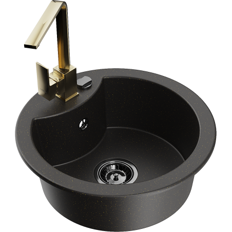 Mexen Diego granite sink 1-bowl with Rita kitchen tap, black/gold metallic - 6512-75-670300-50-B