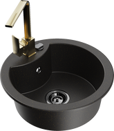 Mexen Diego granite kitchen sink 1-bowl with Rita kitchen faucet, black/gold metallic - 6512-75-670300-50-B