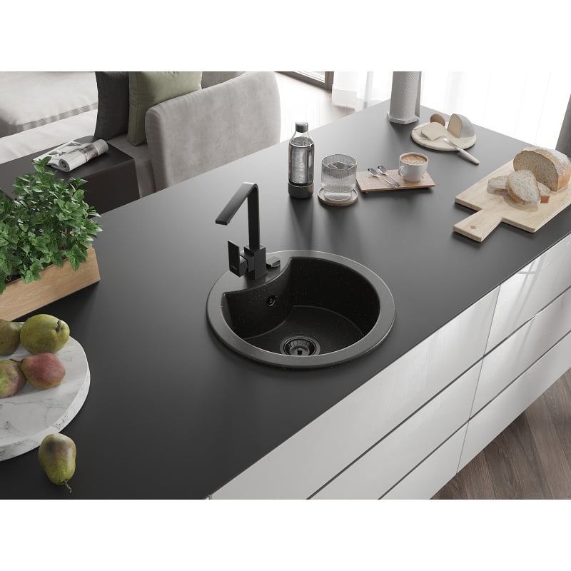 Mexen Diego granite kitchen sink 1-bowl with Rita kitchen faucet, black/gold metallic - 6512-75-670300-70-B