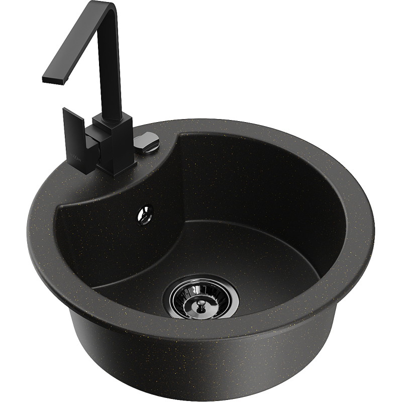 Mexen Diego granite kitchen sink 1-bowl with Rita kitchen faucet, black/gold metallic - 6512-75-670300-70-B