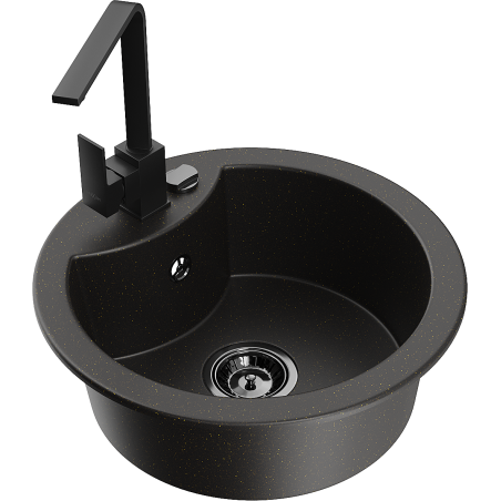 Mexen Diego granite sink 1-bowl with Rita kitchen tap, black/golden metallic - 6512-75-670300-70-B