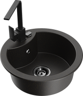 Mexen Diego granite sink 1-bowl with Rita kitchen tap, black/golden metallic - 6512-75-670300-70-B