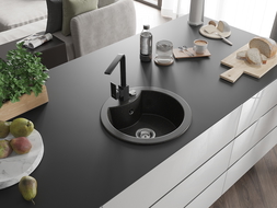 Mexen Diego 1-compartment granite sink with a kitchen mixer tap Rita, Black/Gold metallic - 6512-75-670300-70