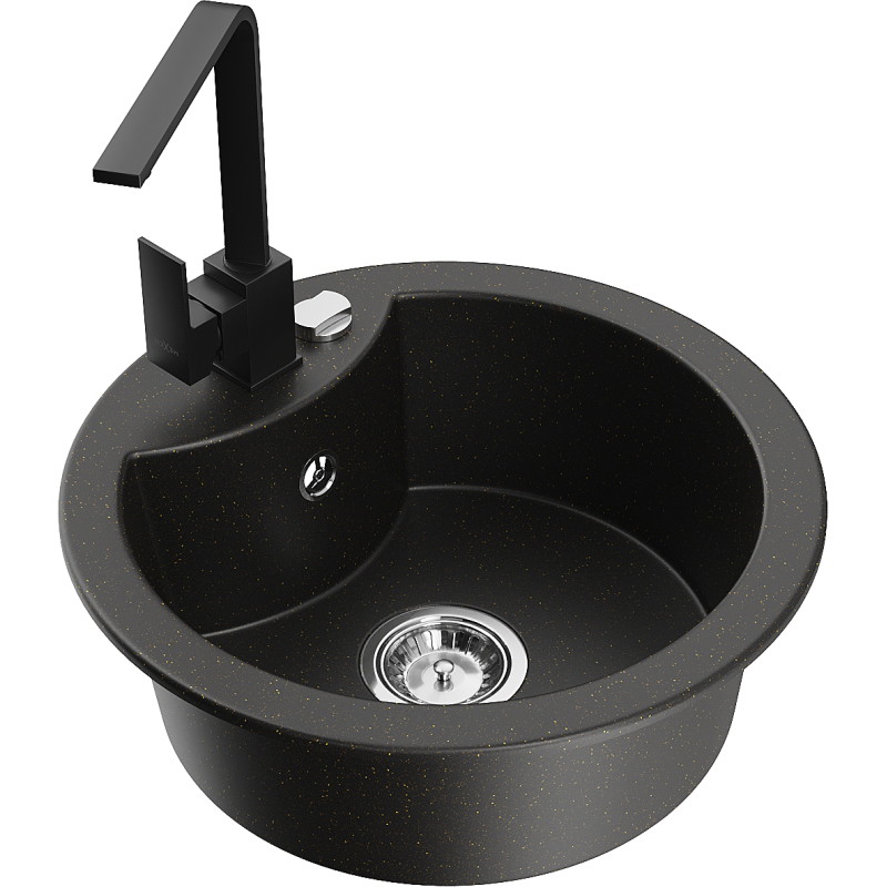 Mexen Diego granite kitchen sink 1-bowl with kitchen faucet Rita, black/gold metallic - 6512-75-670300-70