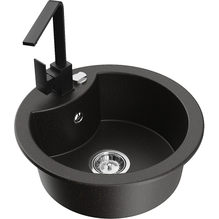 Mexen Diego 1-bowl granite sink with Rita kitchen tap, black/gold metallic - 6512-75-670300-70