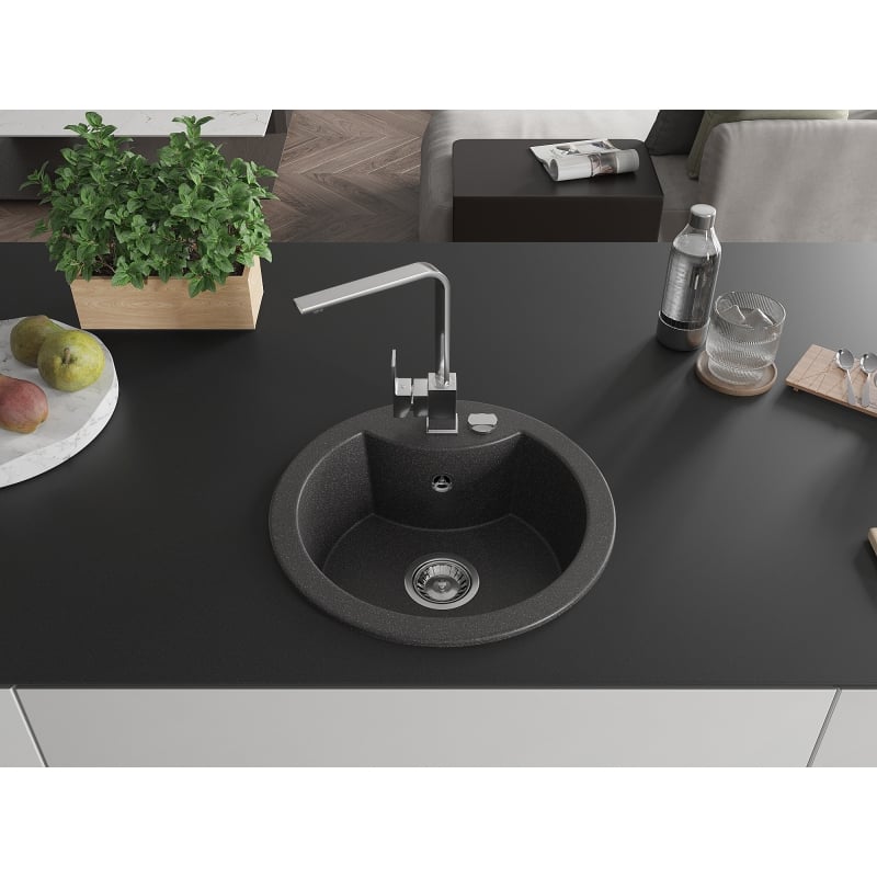 Mexen Diego 1-bowl granite sink with Rita kitchen faucet, speckled black - 6512-76-670300-00