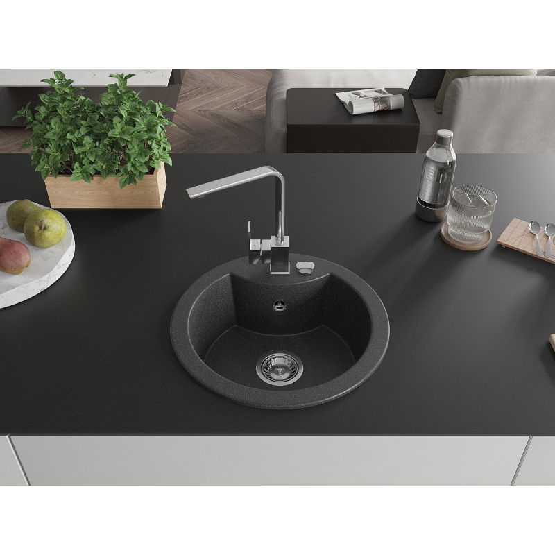 Mexen Diego granite sink 1-bowl with Rita kitchen tap, black speckled - 6512-76-670300-00