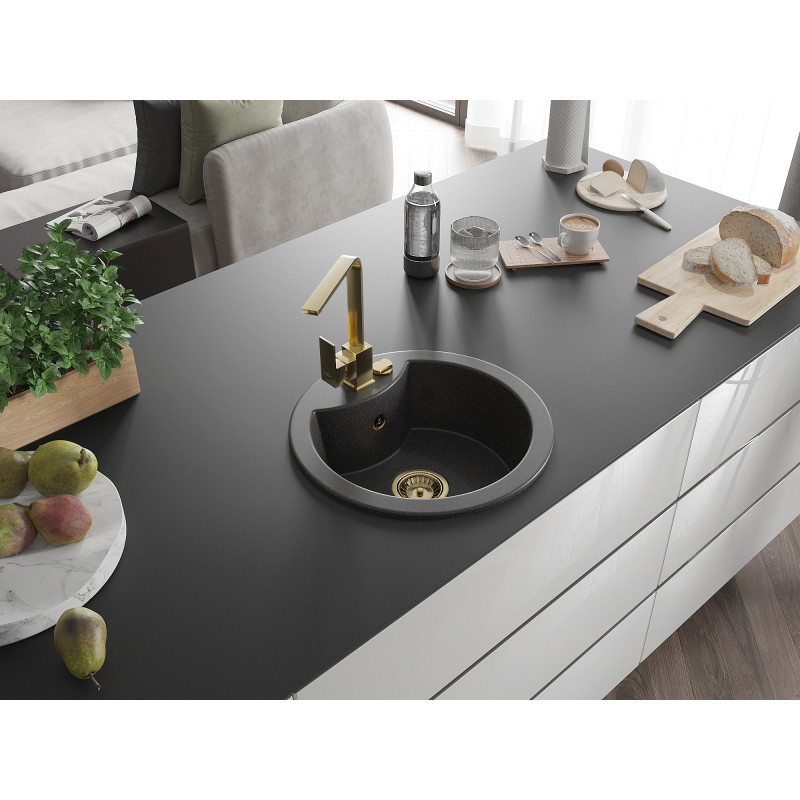 Mexen Diego 1-bowl granite sink with Rita kitchen faucet, black speckled - 6512-76-670300-50
