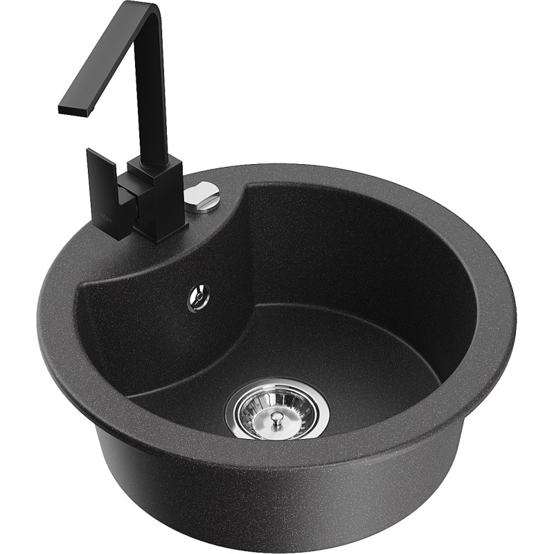 Mexen Diego 1-Bowl Granite Sink with Kitchen Faucet Rita, Black Speckled - 6512-76-670300-70