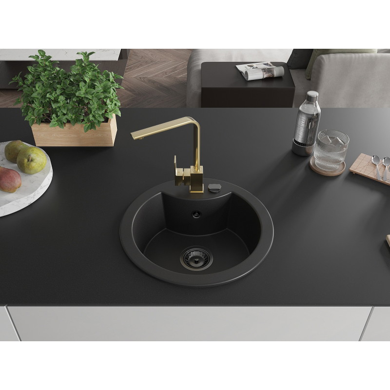 Mexen Diego granite sink 1-bowl with kitchen faucet Rita, black - 6512-77-670300-50-B