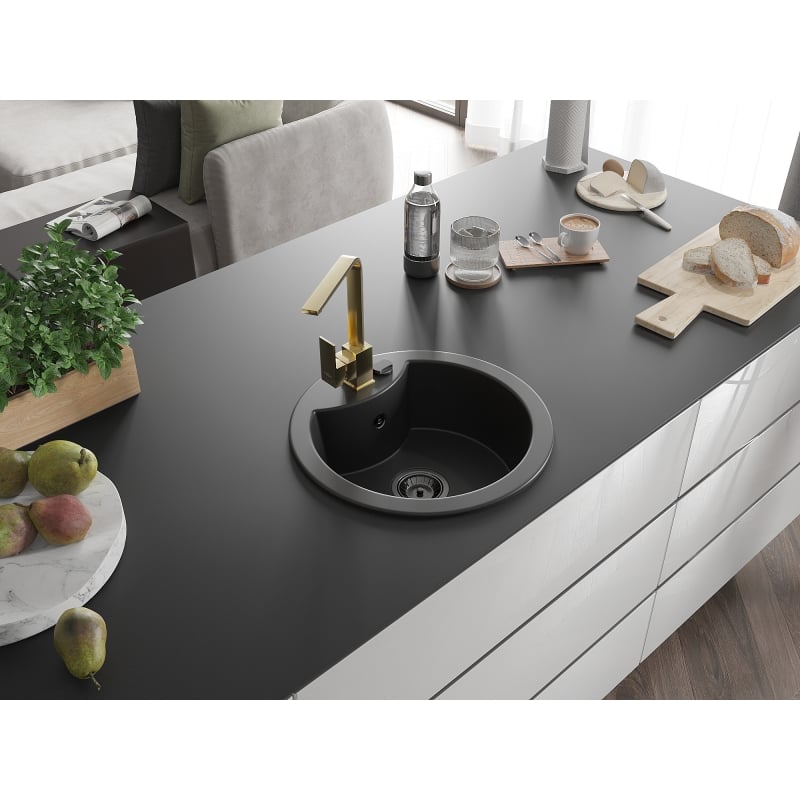 Mexen Diego granite sink 1-bowl with kitchen faucet Rita, black - 6512-77-670300-50-B