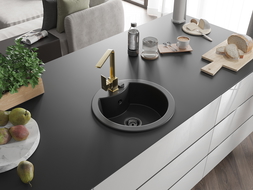 Mexen Diego 1-compartment granite sink with a kitchen mixer tap Rita, Black - 6512-77-670300-50-B