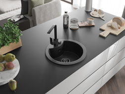 Mexen Diego 1-compartment granite sink with a kitchen mixer tap Rita, Black - 6512-77-670300-70-B