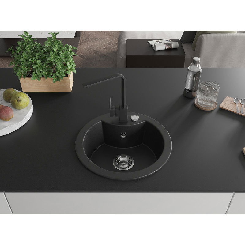 Mexen Diego 1-bowl granite sink with Rita kitchen tap, black - 6512-77-670300-70