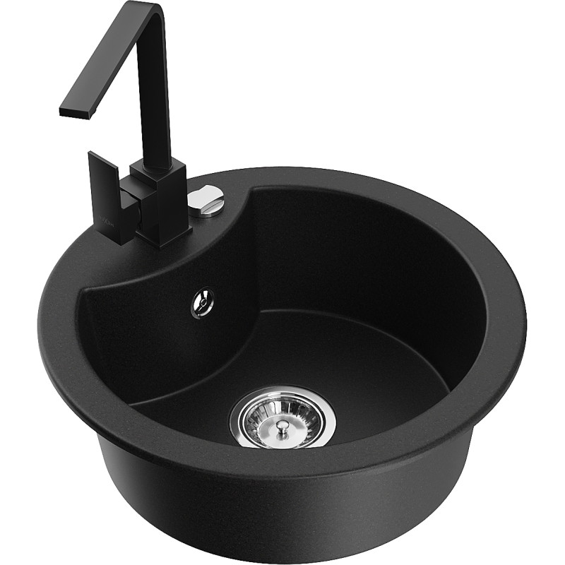 Mexen Diego granite sink 1-bowl with kitchen faucet Rita, black - 6512-77-670300-70