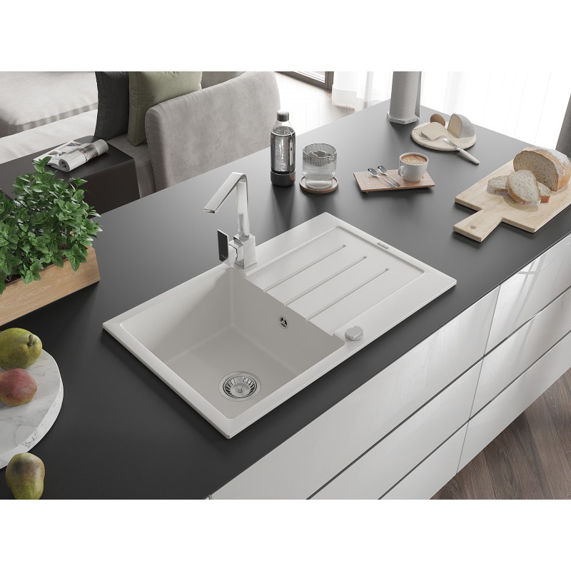 Mexen Bruno granite single-bowl sink with drainer and Rita kitchen faucet, white - 6513-20-670300-00