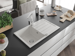 Mexen Bruno 1-bowl granite kitchen sink with draining board and Rita kitchen tap, white - 6513-20-670300-00