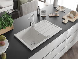 Mexen Bruno granite kitchen sink 1-bowl with draining board and Rita kitchen faucet, white - 6513-20-670300-00