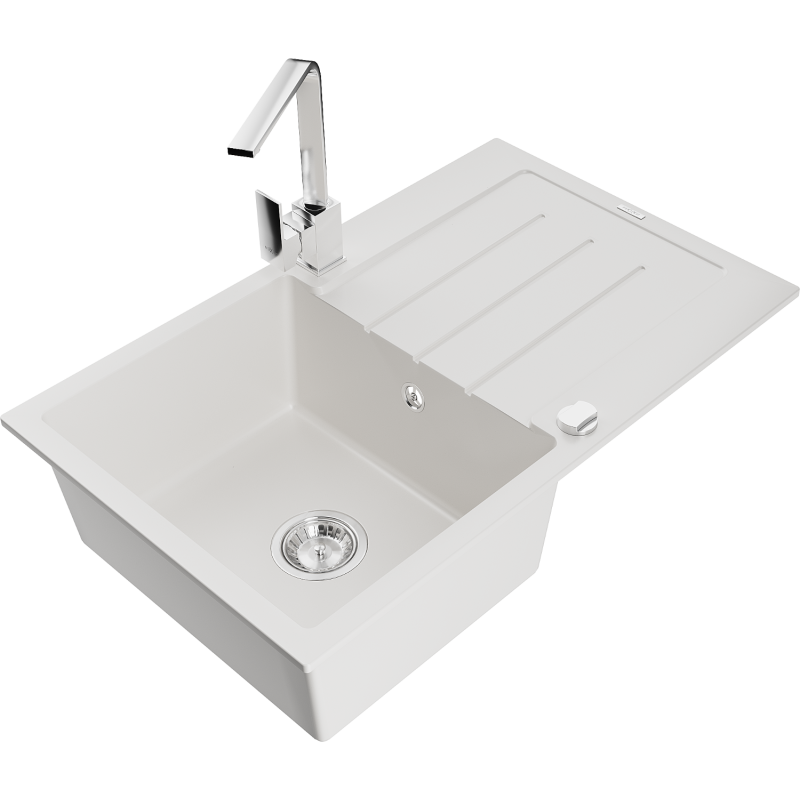 Mexen Bruno 1-compartment granite sink with a drip tray and kitchen mixer tap Rita, White - 6513-20-670300-00