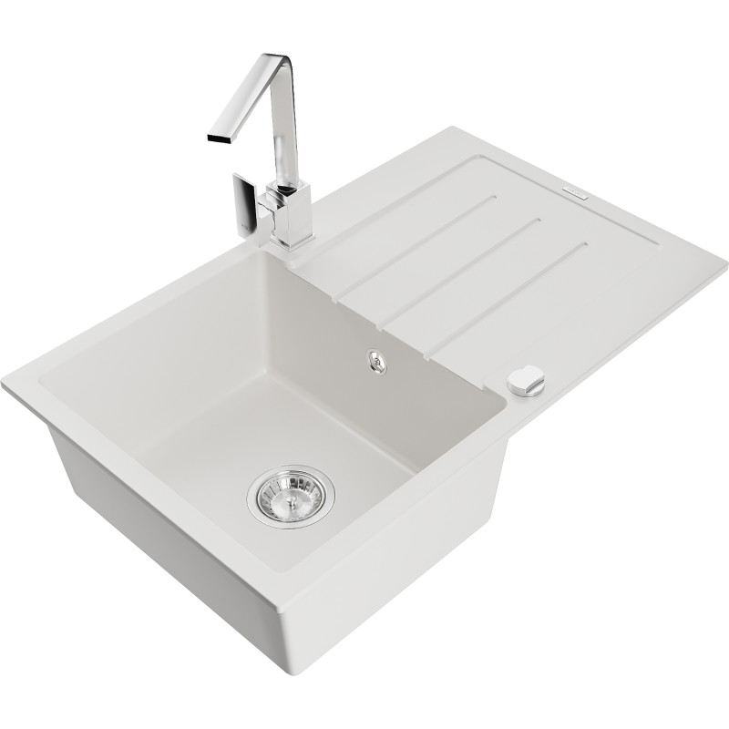 Mexen Bruno granite single-bowl sink with drainer and Rita kitchen faucet, white - 6513-20-670300-00