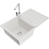 Mexen Bruno 1-bowl granite kitchen sink with draining board and Rita kitchen tap, white - 6513-20-670300-00