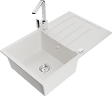 Mexen Bruno granite kitchen sink 1-bowl with draining board and Rita kitchen faucet, white - 6513-20-670300-00