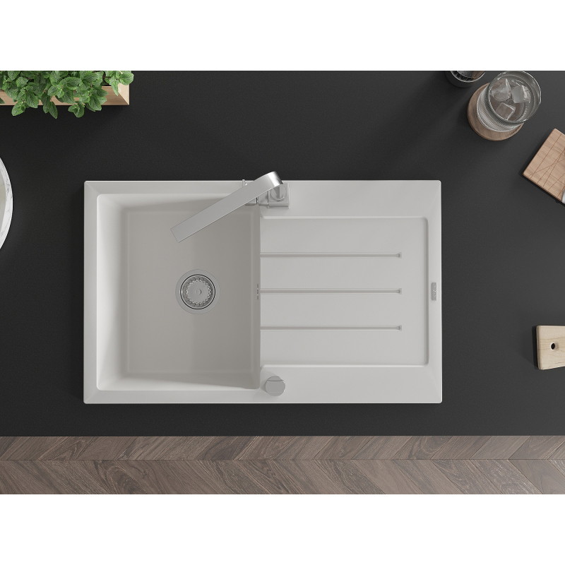 Mexen Bruno granite single-bowl sink with drainer and Rita kitchen faucet, white - 6513-20-670300-00