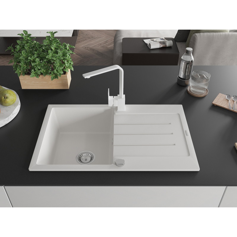 Mexen Bruno granite kitchen sink 1-bowl with drainer and Rita kitchen faucet, white - 6513-20-670300-20